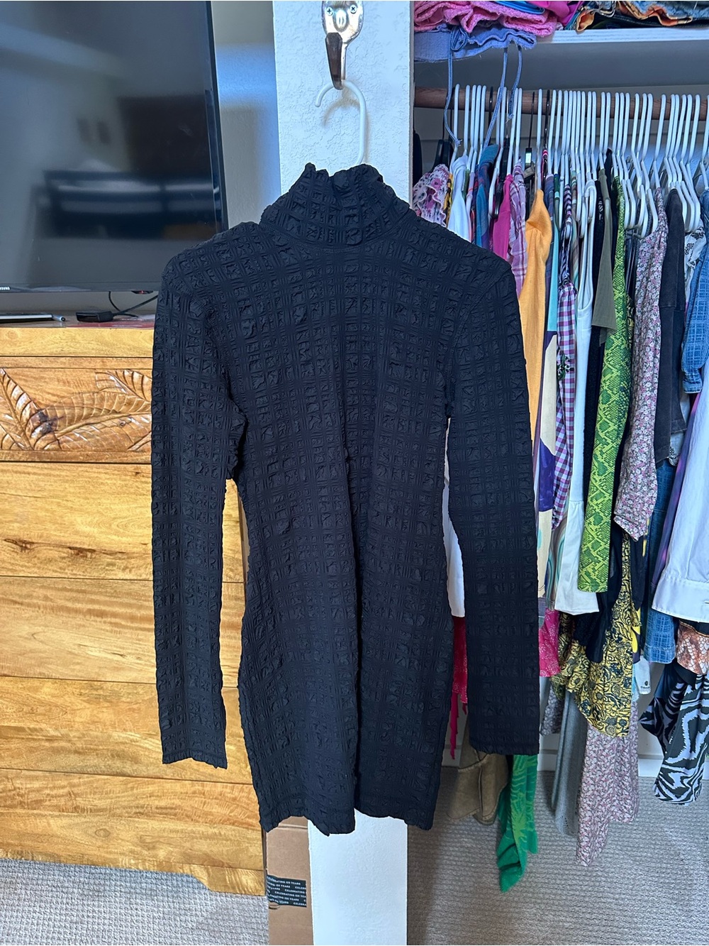 Nanushka Black Textured Long Sleeve Mock Neck Dress